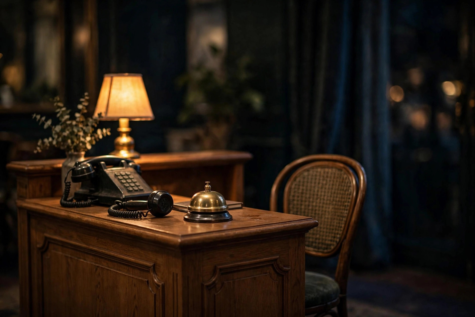Réception d'hôtel la nuit, un téléphone que personne ne décroche