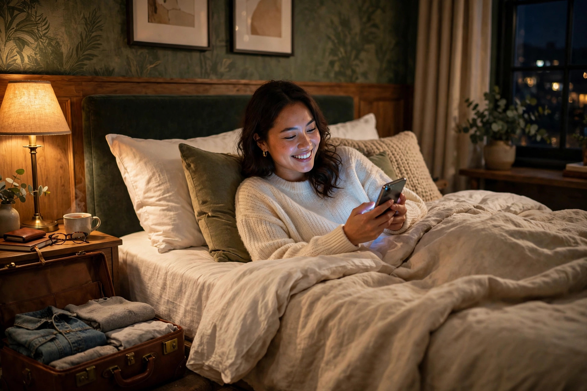 Voyageuse qui réserve depuis son lit, le soir