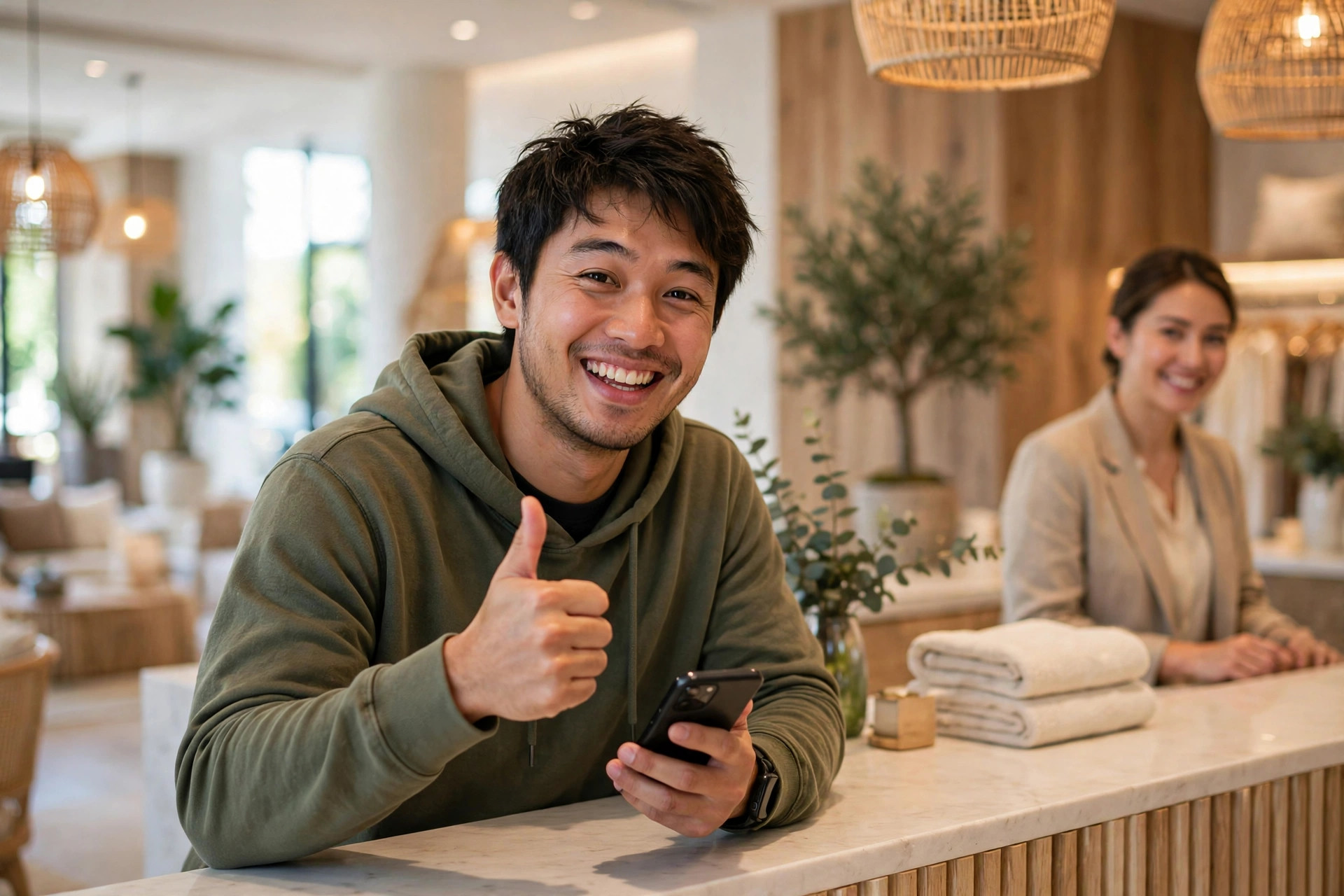 Cliente ravie à la réception d'un hôtel