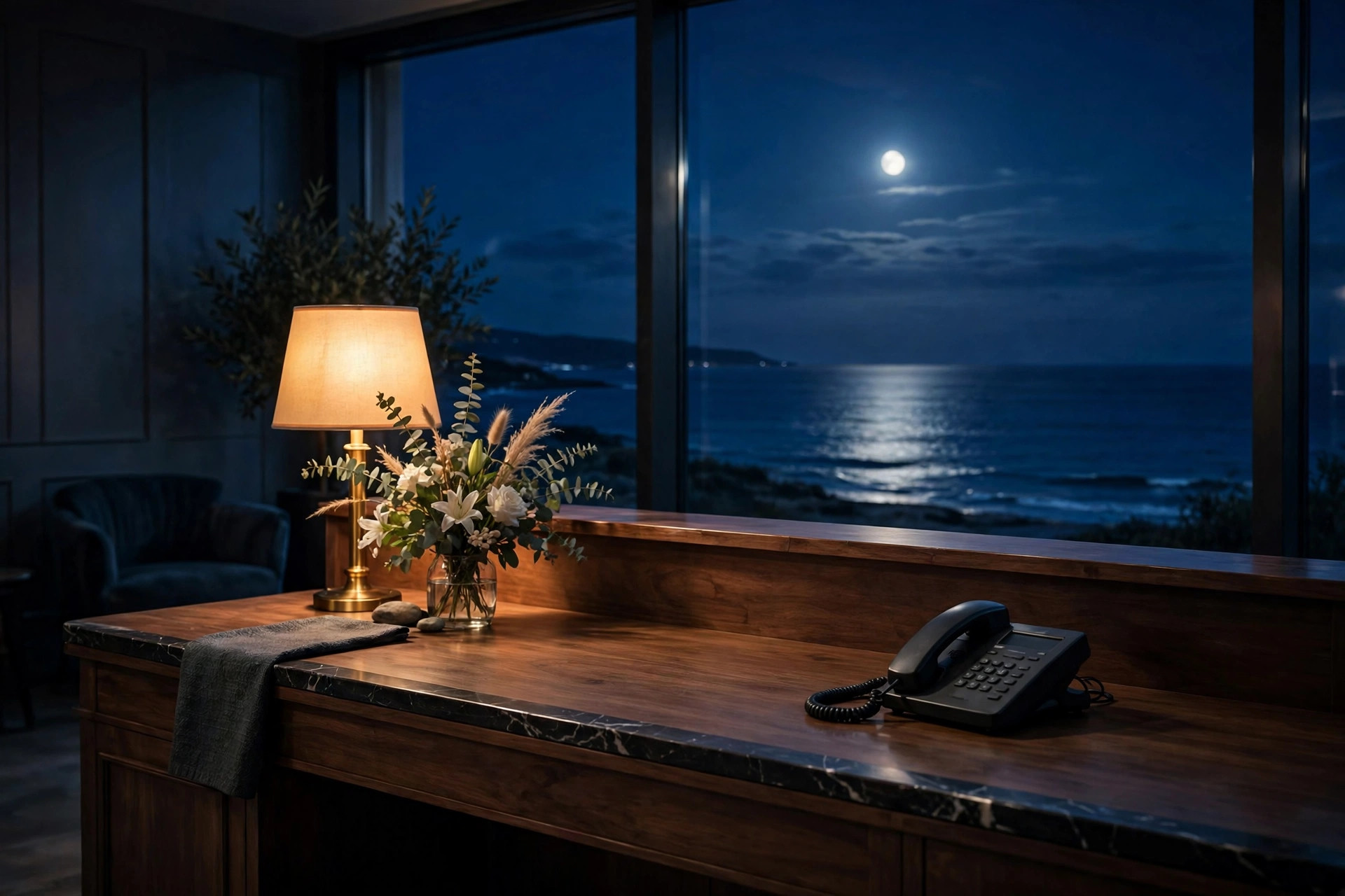 Réception d'hôtel vide la nuit, téléphone sur le comptoir, lumière chaude