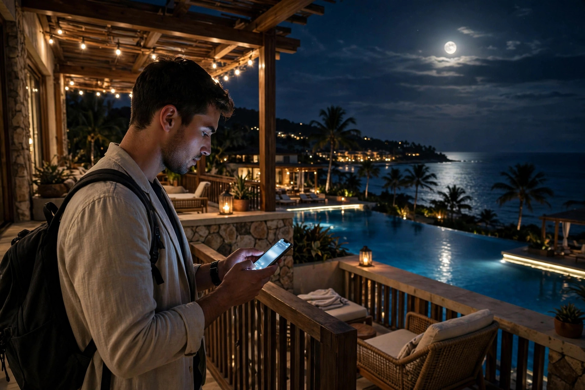 Voyageur sur le balcon d'un resort la nuit, smartphone à la main