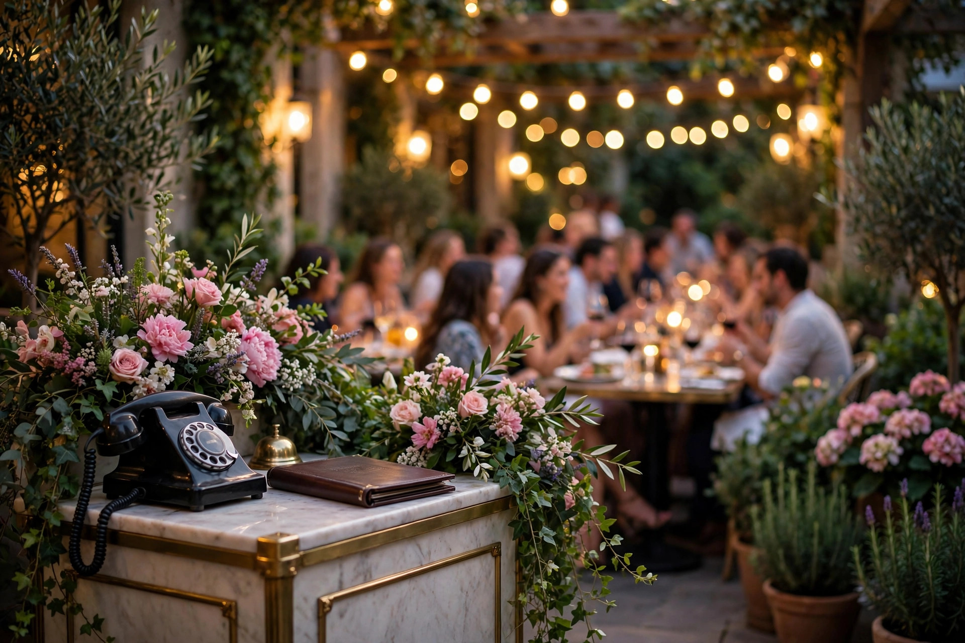 Terrasse de restaurant un vendredi soir, stand d'accueil avec téléphone