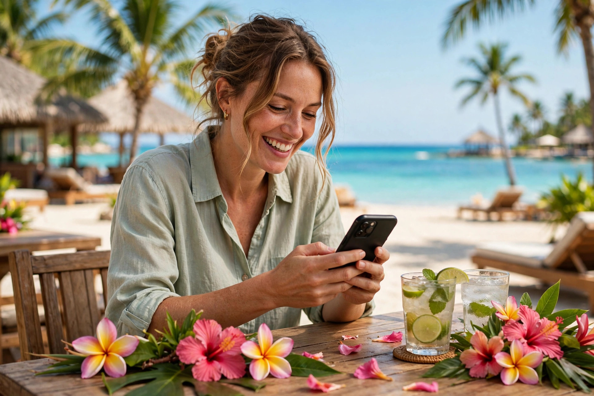 Cliente souriante dans un café de resort