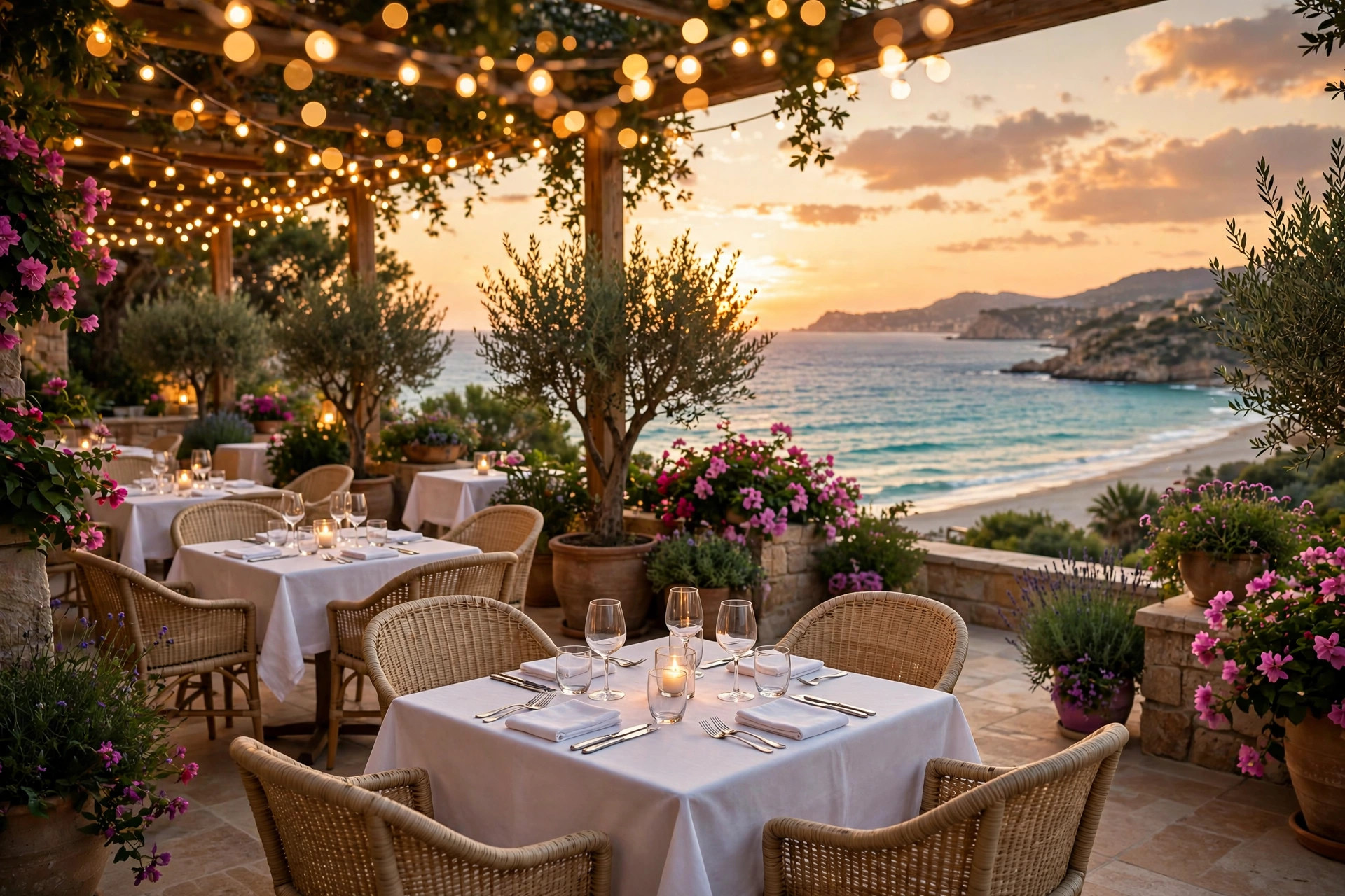 La terrasse du restaurant de l'Hôtel Bellevue au coucher du soleil