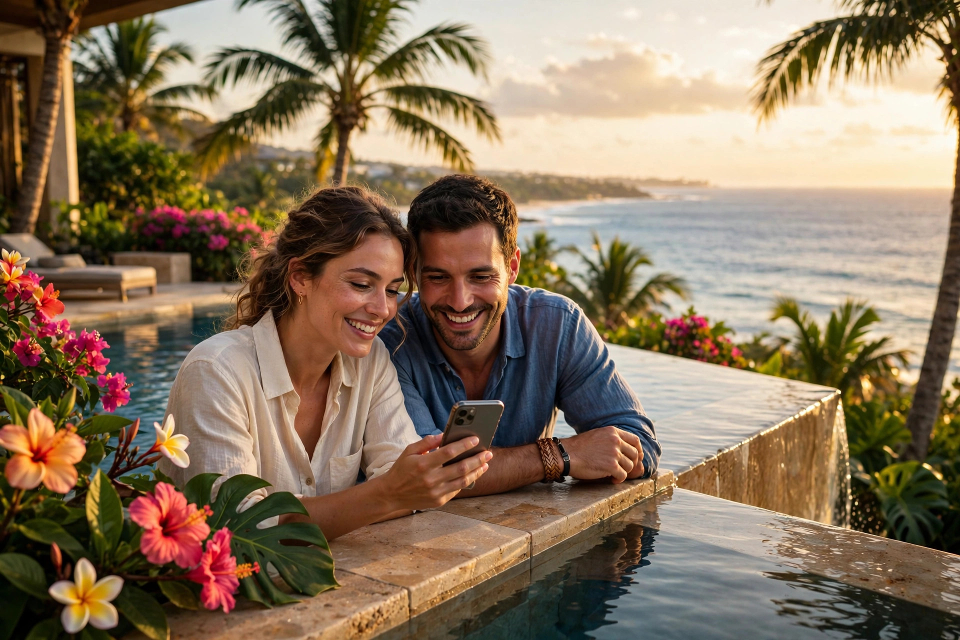 Couple au bord de la piscine d'un resort de plage, au coucher du soleil
