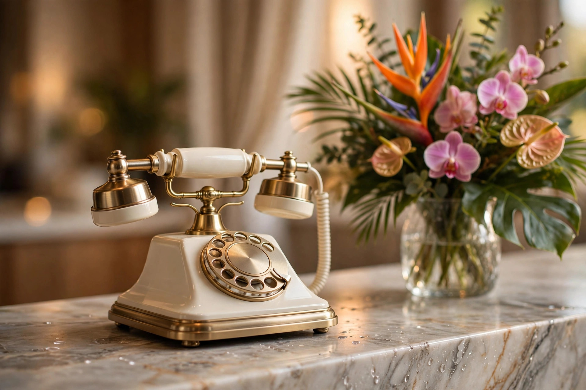 Téléphone classique sur un comptoir de réception en marbre