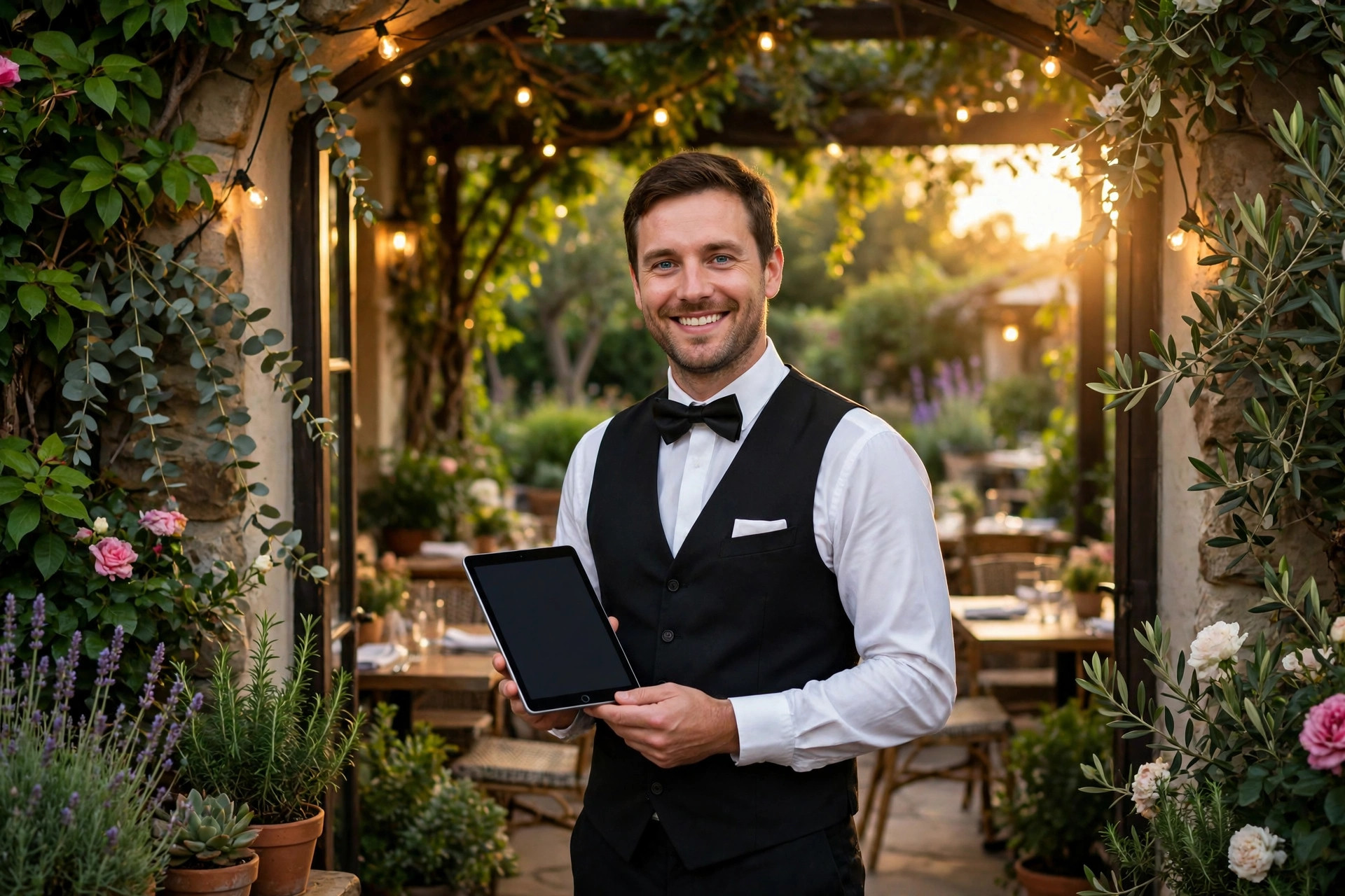 Maître d'hôtel souriant avec une tablette à l'entrée d'un restaurant-jardin