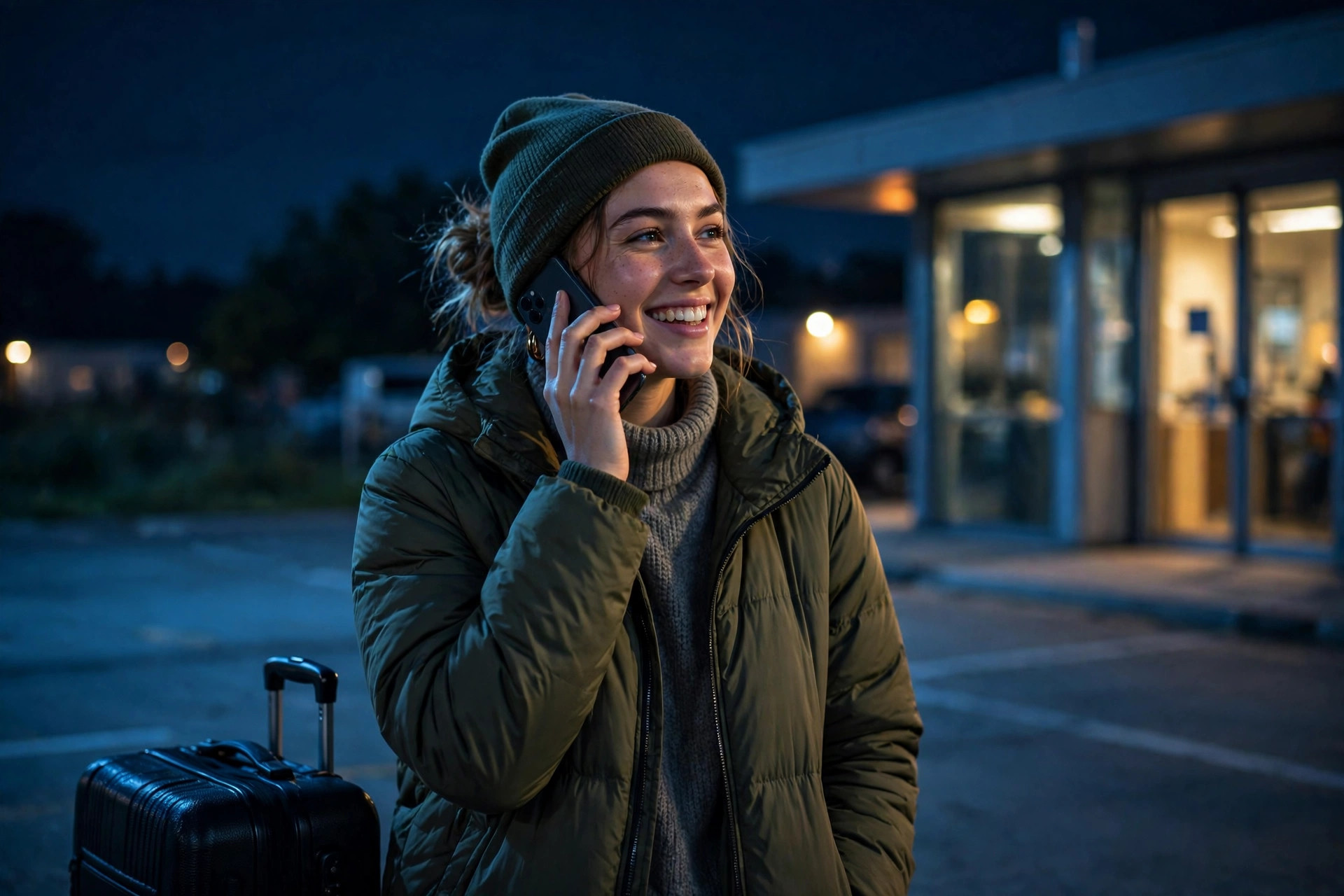 Voyageuse soulagée en appel la nuit dans un aéroport